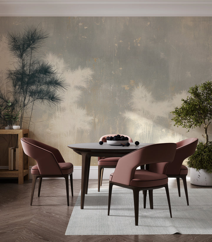 TWIN SENTRIES across a whole dining room wall – the navy plant on the left reaches almost to the ceiling, high above the table and pink chairs