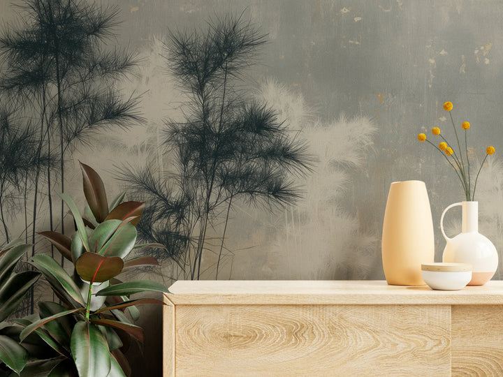 TWIN SENTRIES close-up – needle-like leaves of the navy plants above a pale chest of drawers with vases and a ficus
