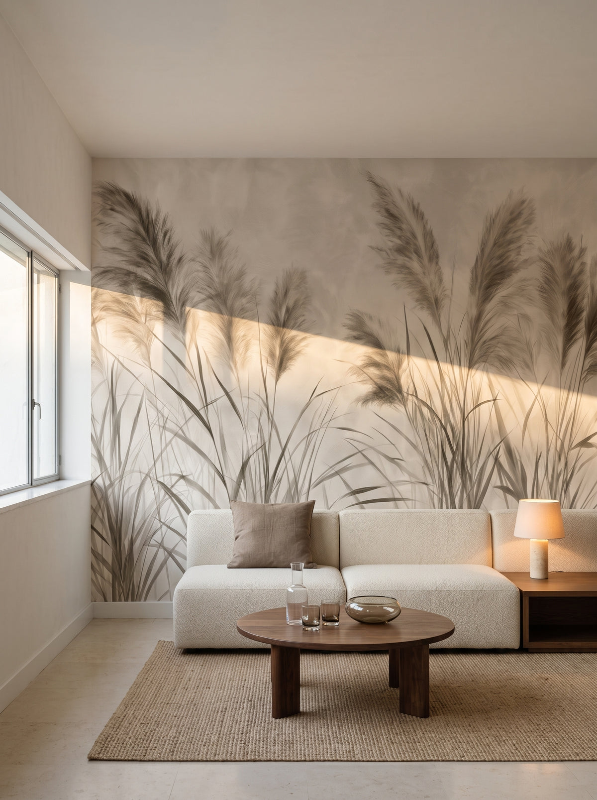 UMBER PAMPAS w aranżacji salonu w willi Bauhausu w Tel Awiwie, przed ścianą niska modułowa sofa i okrągły stolik