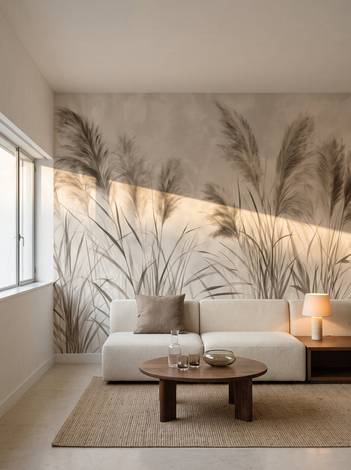 UMBER PAMPAS w aranżacji salonu w willi Bauhausu w Tel Awiwie, przed ścianą niska modułowa sofa i okrągły stolik