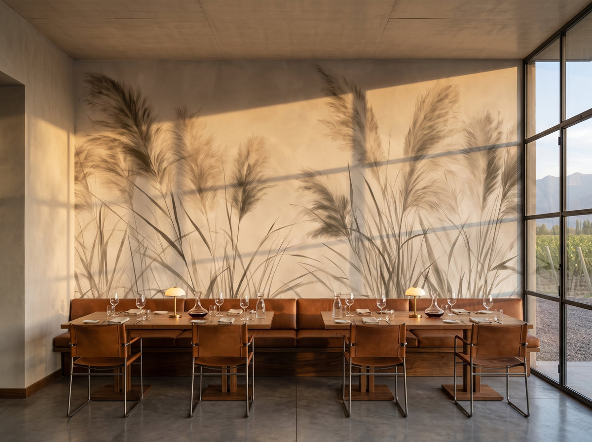 UMBER PAMPAS w aranżacji restauracji winnicy w Mendozie, przed ścianą ławka z koniakową skórą i dwa długie stoły z kieliszkami
