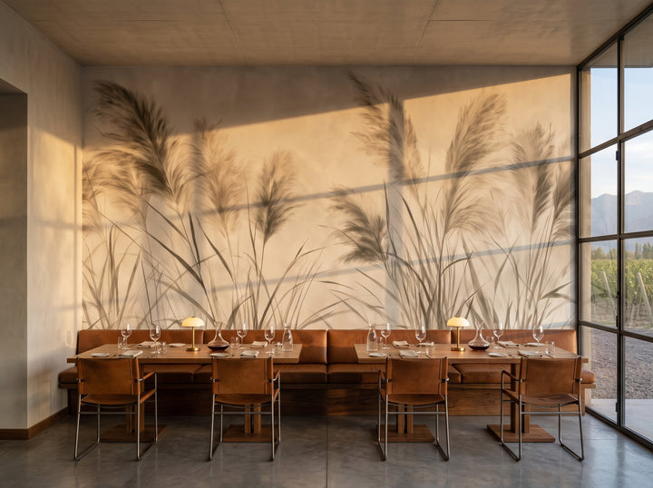 UMBER PAMPAS w aranżacji restauracji winnicy w Mendozie, przed ścianą ławka z koniakową skórą i dwa długie stoły z kieliszkami
