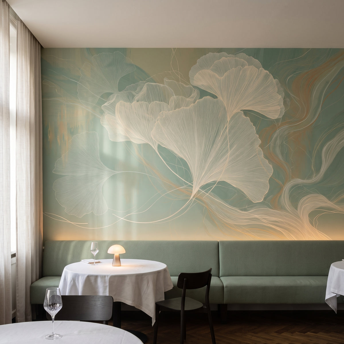UNDERCURRENT in der Raumgestaltung eines Wiener Restaurants, davor eine salbeigrüne Bank und Tische mit weißen Tischdecken