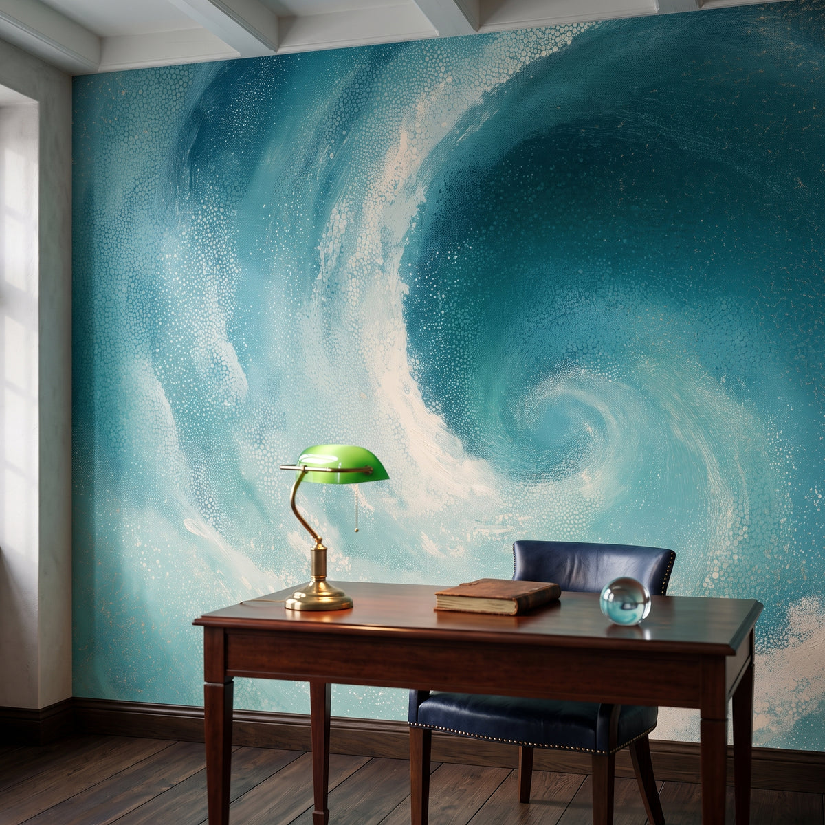 UNDERTOW in ambientazione studio: occhio della spirale e schiuma sulla parete sopra una scrivania in mogano con poltrona blu navy