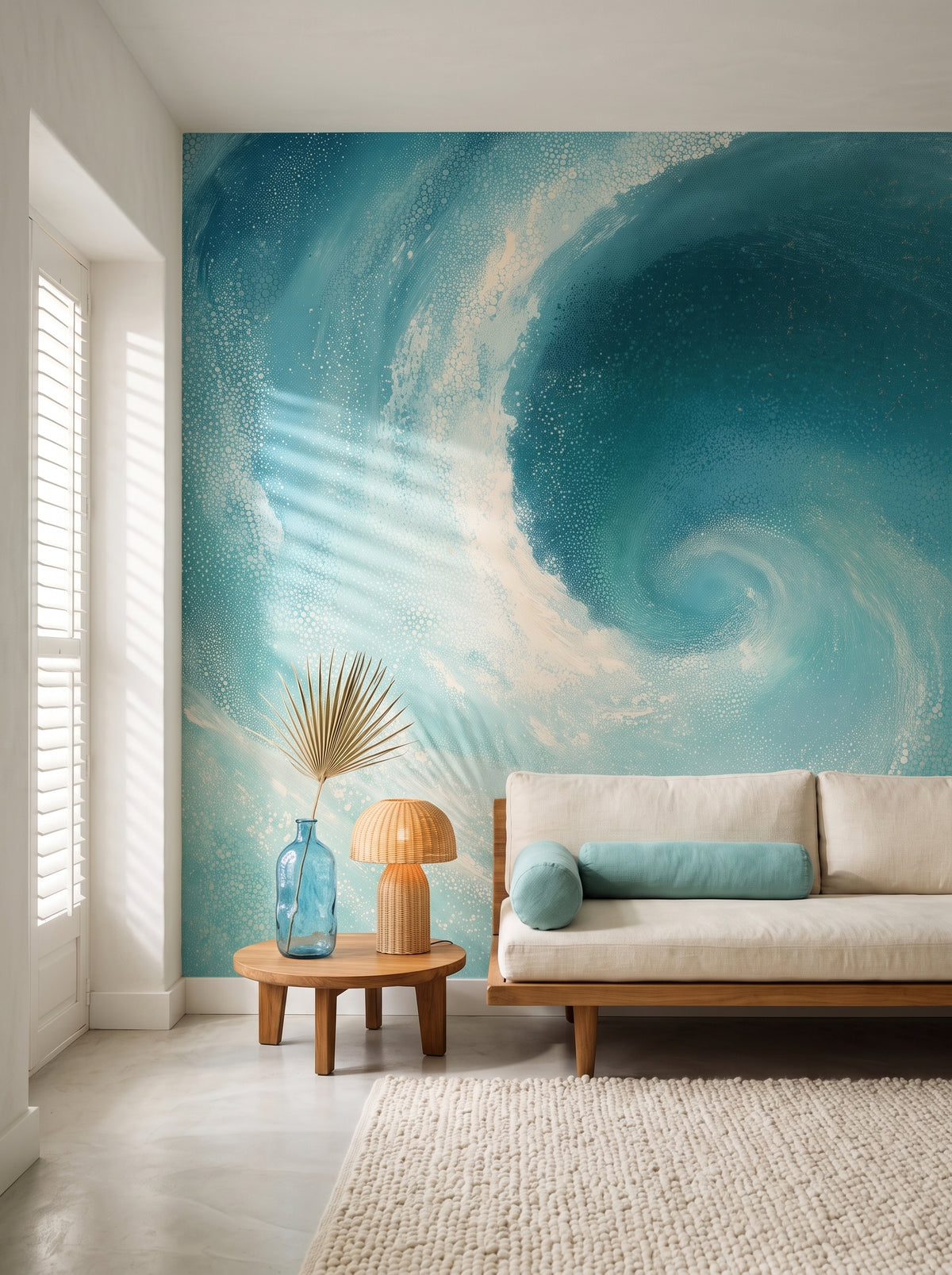 UNDERTOW in ambientazione salone d'albergo: vortice turchese con schiuma crema sulla parete dietro una chaise longue bassa in teak