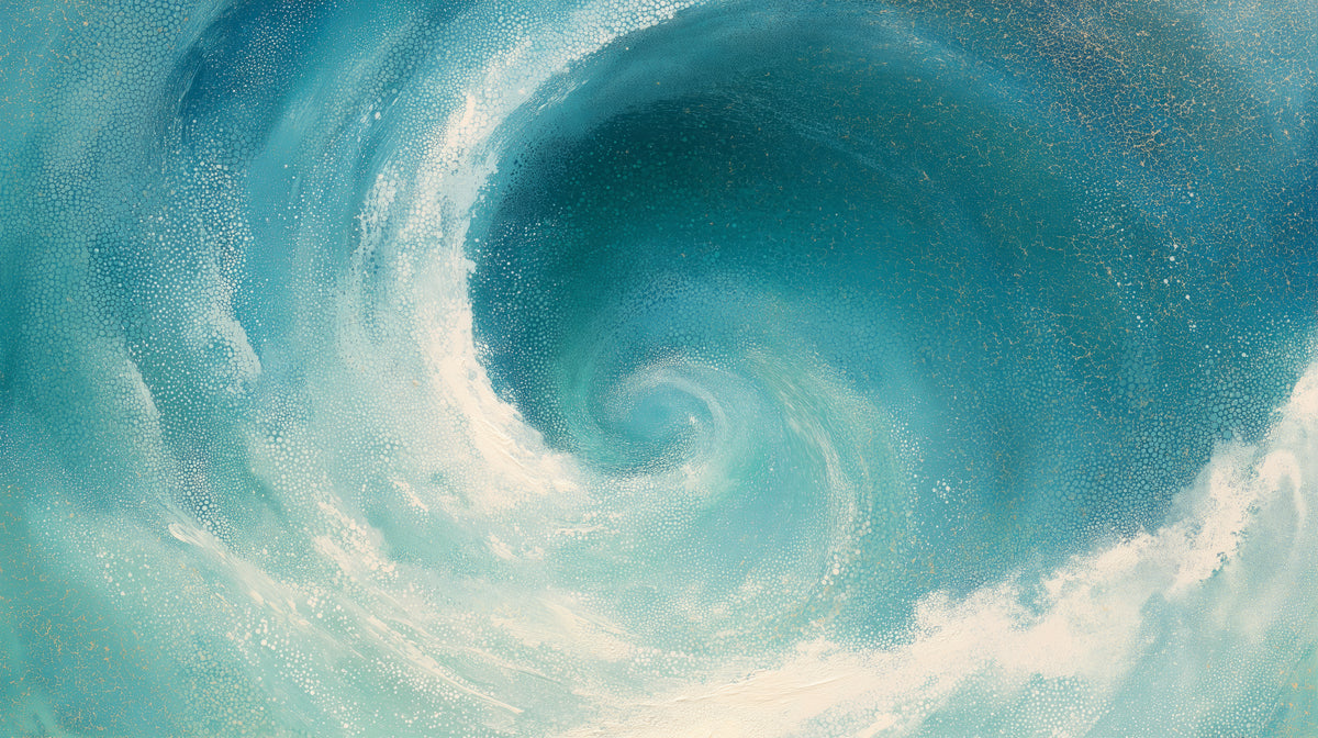 UNDERTOW, disegno completo: vortice d'acqua marina visto dall'alto, turchese scuro, schiuma crema e scintille dorate