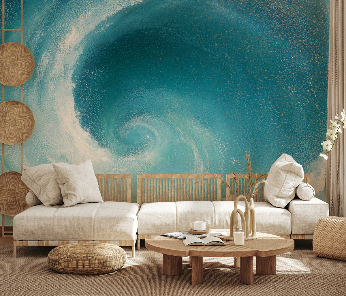 UNDERTOW sull'intera parete di un soggiorno luminoso: occhio della spirale appena sopra lo schienale del divano, davanti un tavolino da caffè rotondo