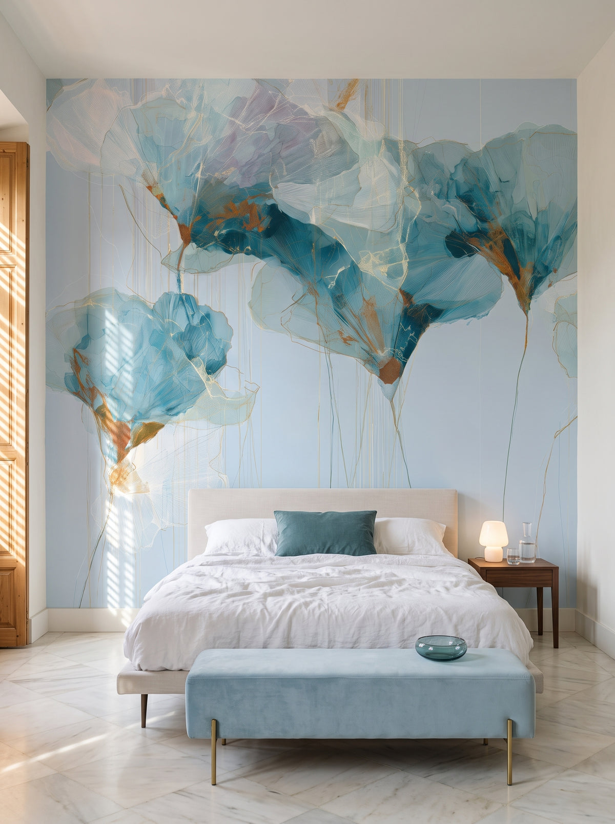 VERDIGRIS als Raumgestaltung einer Suite in einem Palasthotel in Sevilla, davor ein niedriges breites Bett und eine blaue Bank