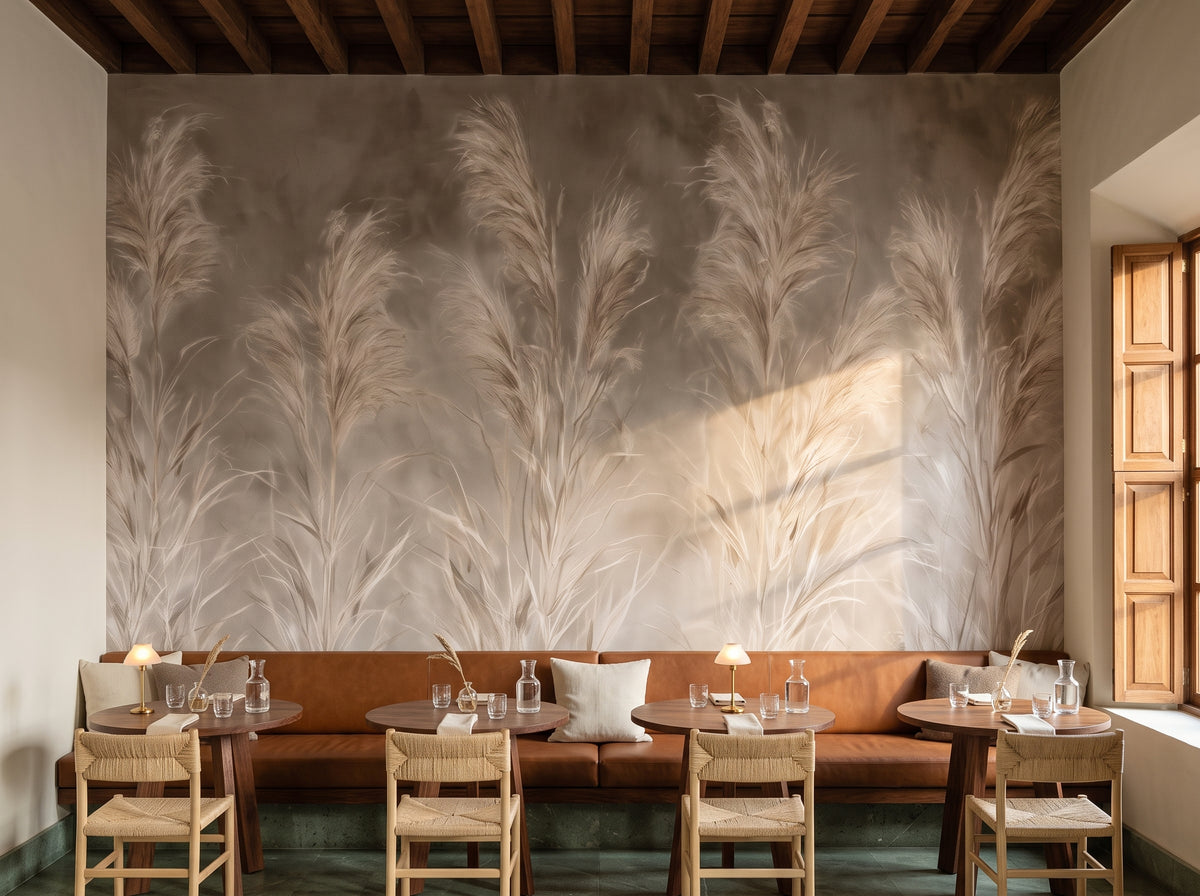 VESPER COLONNADE als Restaurant-Interieur in einem Kolonialhaus in Oaxaca, davor eine Lederbank, runde Tische und Flechtstühle