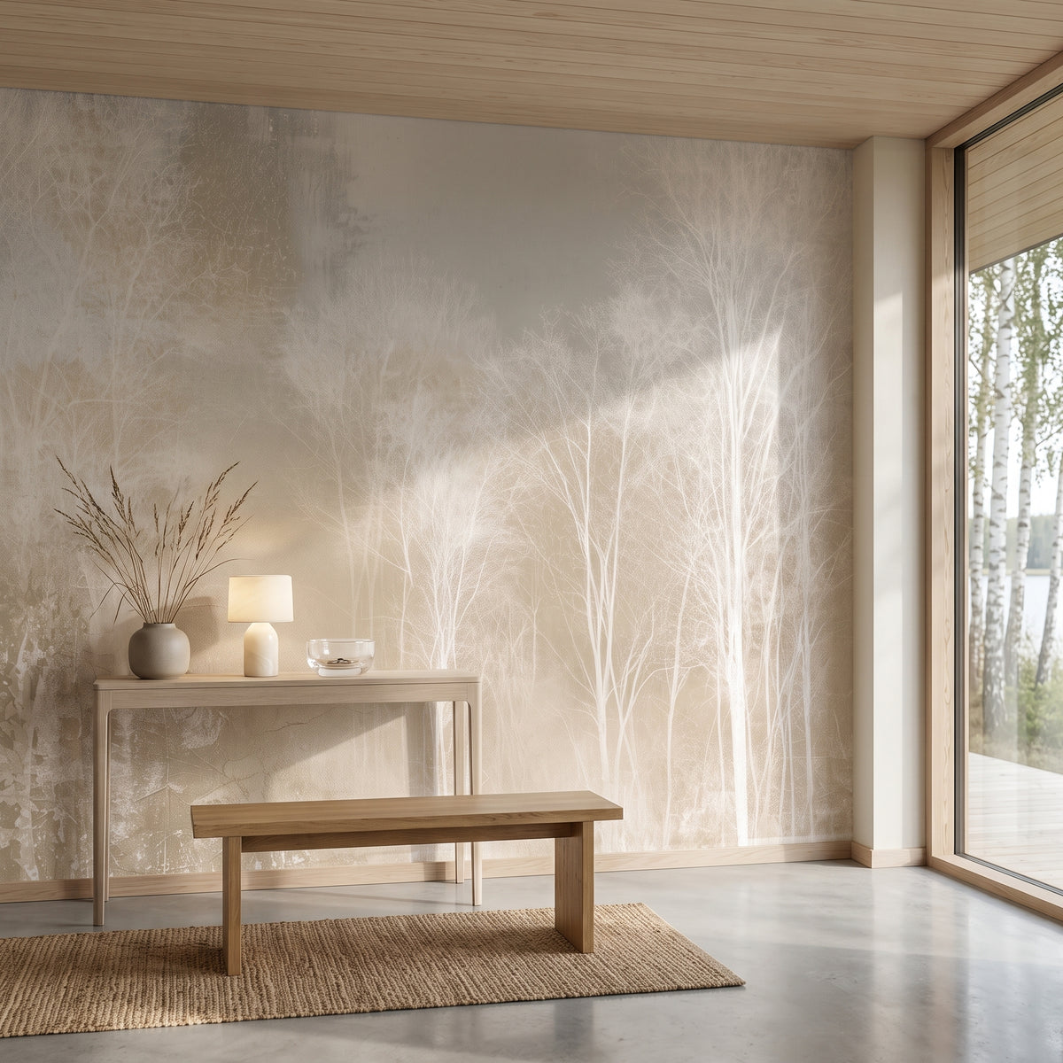 WEATHERED COPSE mis en scène dans le hall d'entrée d'une maison au bord d'un lac de Mazurie, devant le mur une console élancée et un banc bas