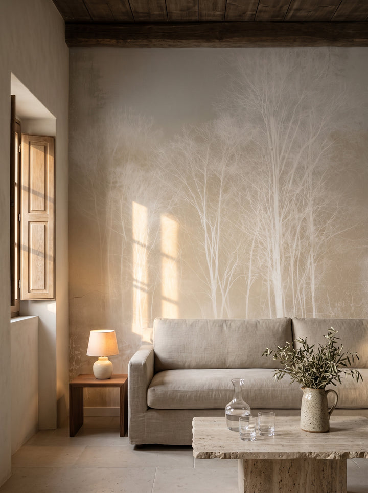 WEATHERED COPSE mis en scène dans un salon d'une ancienne huilerie des Pouilles, devant le mur un canapé bas en lin et une table basse en travertin