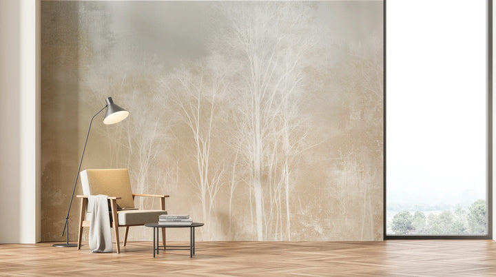 WEATHERED COPSE sur tout le mur d'un salon avec fauteuil et lampadaire ; les troncs blancs s'élèvent bien au-dessus du fauteuil