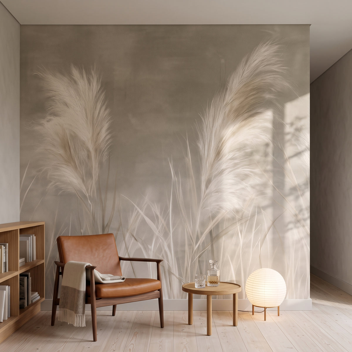 WESTERLY in un'ambientazione di biblioteca in una casa a Karuizawa, davanti alla parete poltrona in pelle, tavolino rotondo e lampada a sfera da terra