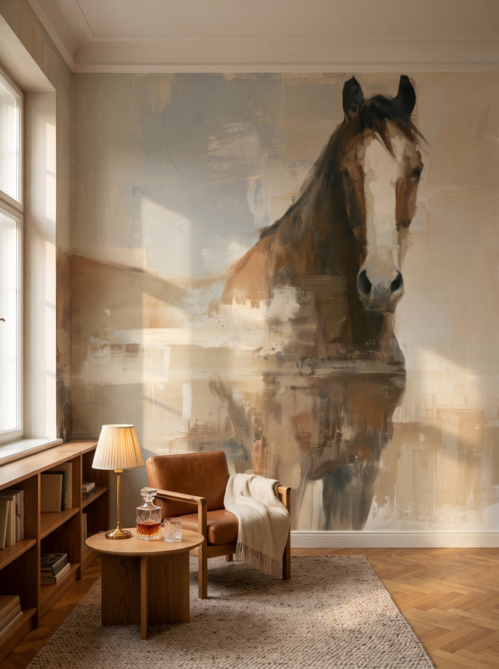 WHITE BLAZE en la ambientación de una biblioteca: caballo marrón con lista blanca sobre un sillón de cuero color coñac y una mesa con lámpara