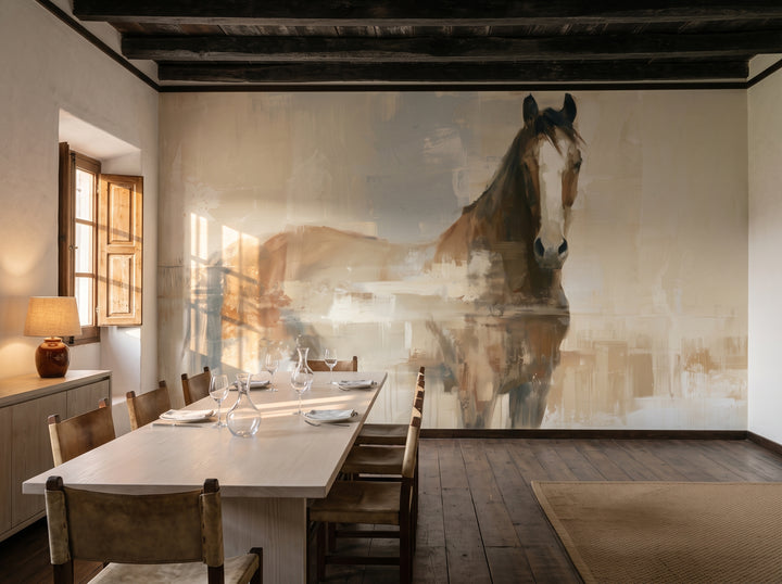 WHITE BLAZE en una ambientación de comedor: toda la pared tras una larga mesa de madera clara y sillas de cuero claro