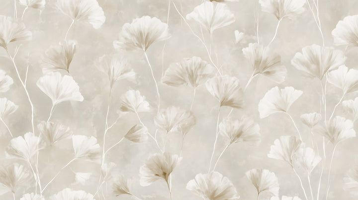 WHITE LATTICE – the full design: several dozen white ginkgo leaves on a network of pale stalks, from edge to edge