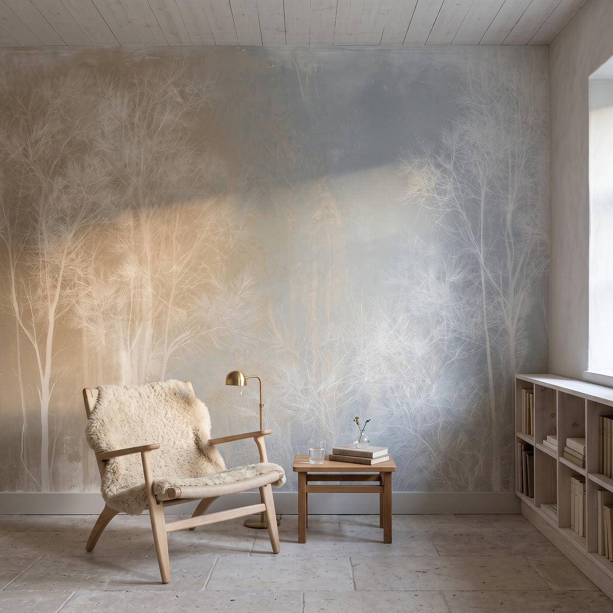 WHITE THAW en mise en scène de bibliothèque privée à Gotland, devant le mur un fauteuil avec une peau de mouton