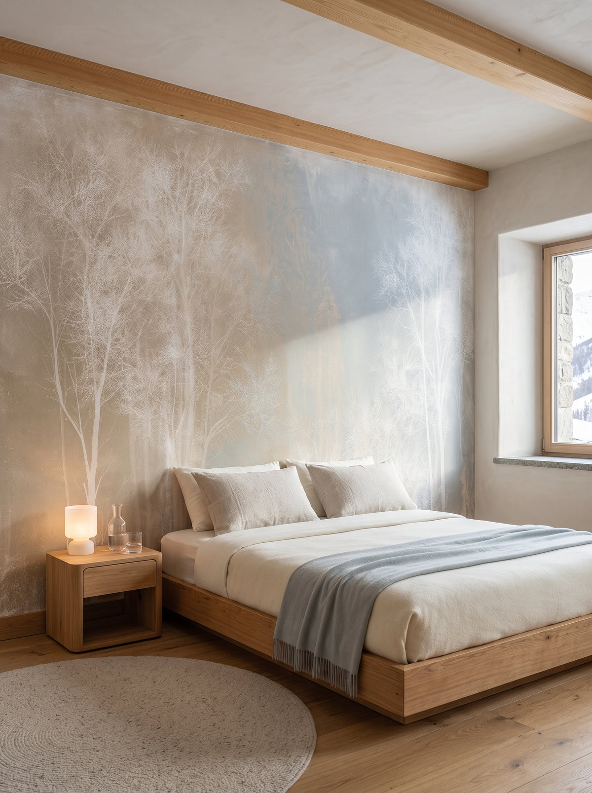 WHITE THAW en mise en scène de chambre en Engadine, devant le mur un lit bas et une table de chevet en mélèze