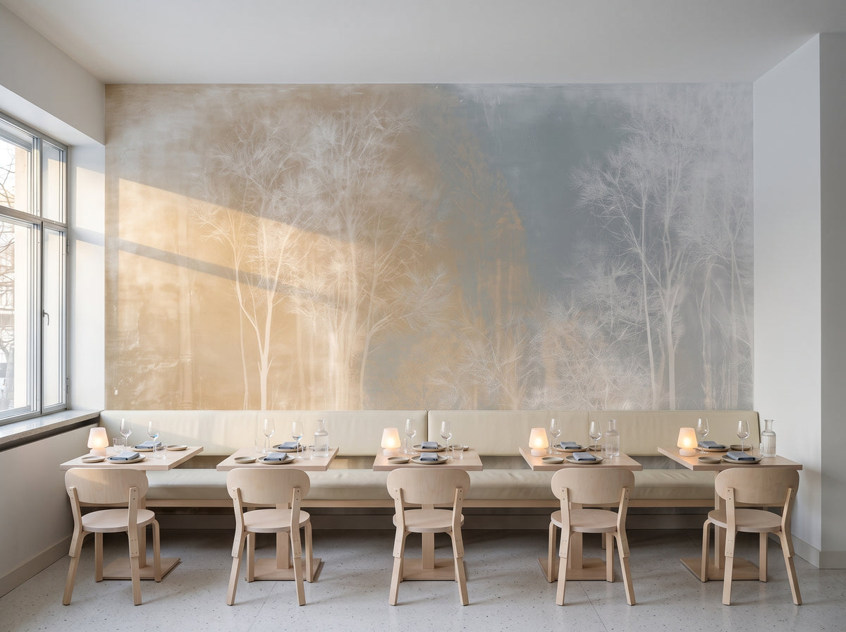 WHITE THAW en mise en scène de restaurant gastronomique à Helsinki, devant le mur une longue banquette crème et des tables en bouleau