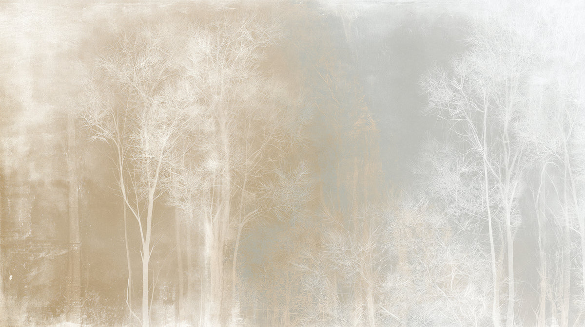 WHITE THAW – motif complet : forêt brumeuse du sable chaud aux arbres blancs givrés en passant par la brume gris-bleu