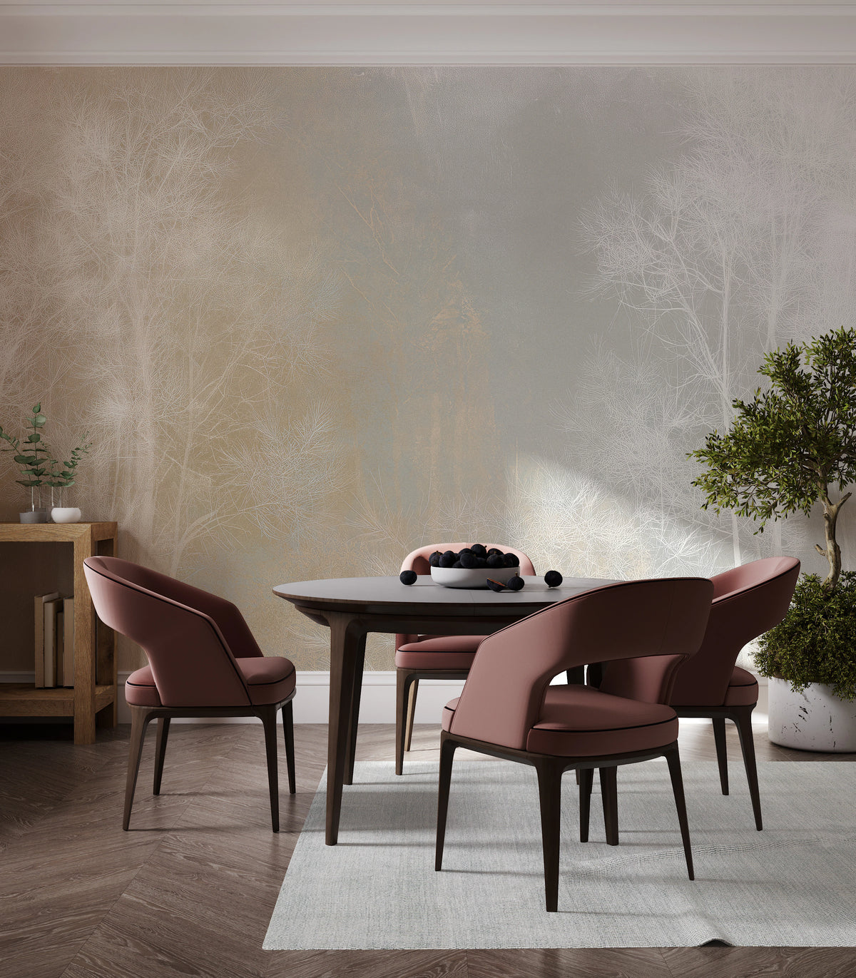 WHITE THAW sur tout le mur d'une salle à manger derrière une table ronde et quatre chaises – les arbres s'élèvent bien au-dessus des dossiers