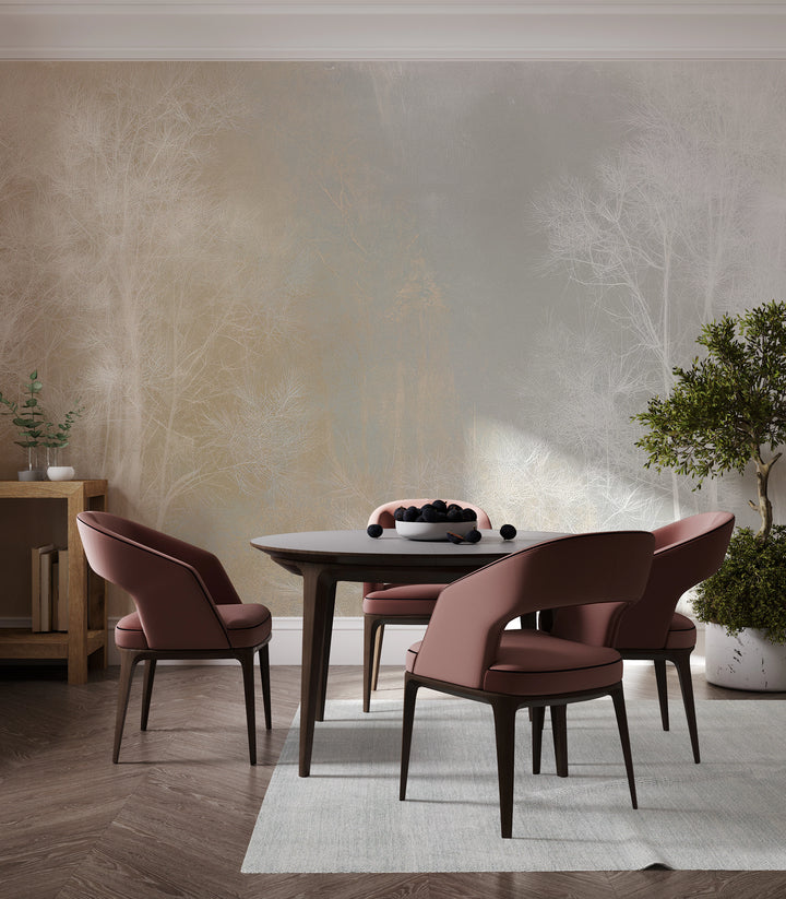 WHITE THAW sur tout le mur d'une salle à manger derrière une table ronde et quatre chaises – les arbres s'élèvent bien au-dessus des dossiers