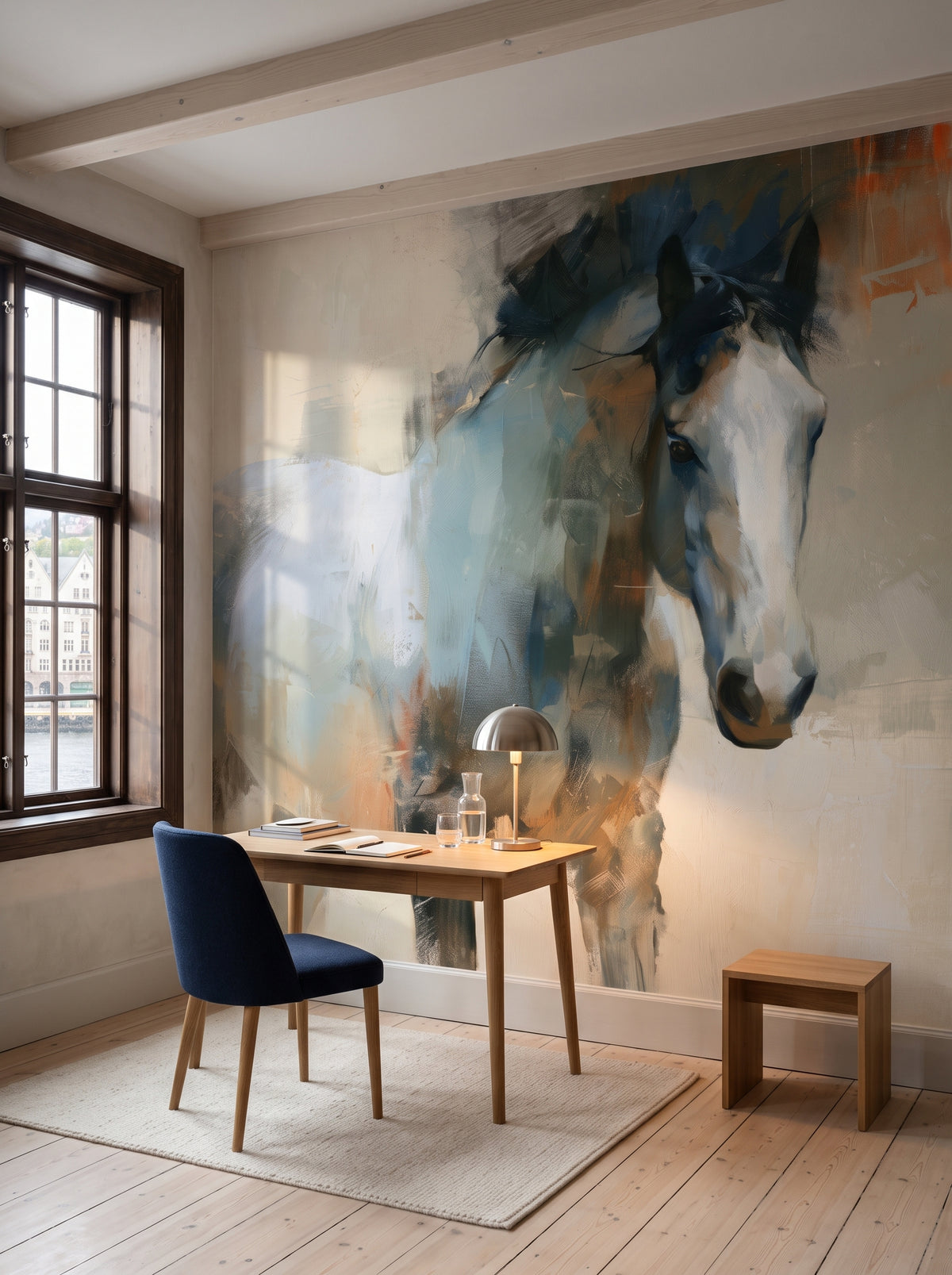 WILD FORELOCK en mise en scène de bureau : cheval gris à la crinière sombre à côté d'un bureau en chêne et d'une chaise en laine bleu marine