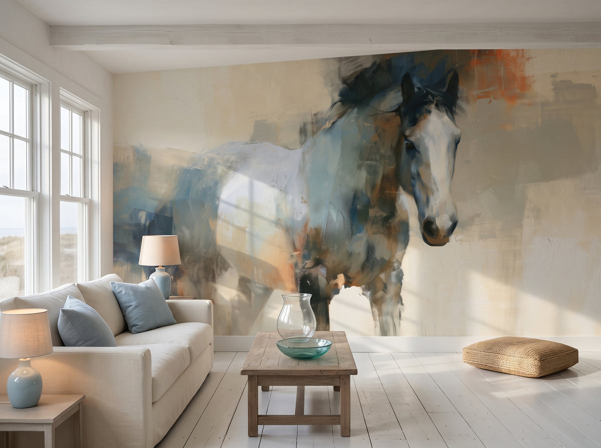 WILD FORELOCK en mise en scène de salon : tout le mur derrière un canapé crème bas à coussins bleus et une table en bois