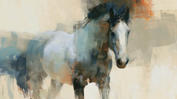 WILD FORELOCK – motivo completo: caballo gris con lista blanca y crin oscura, azul y crema, con un acento naranja arriba