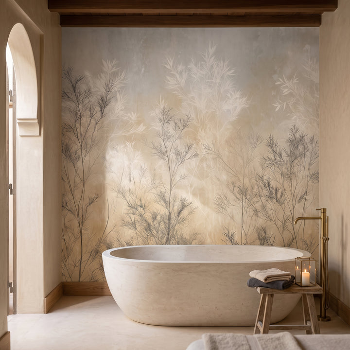 WILLOW SCREEN in a spa bathroom setting in a riad in Marrakech, with a freestanding stone bathtub in front of the wall
