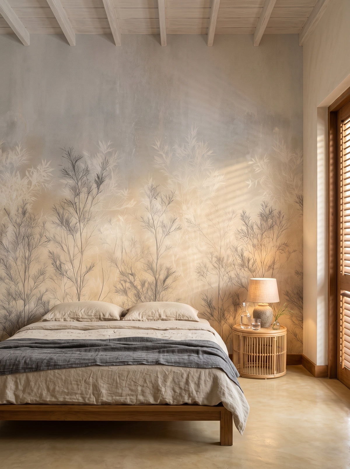WILLOW SCREEN w aranżacji sypialni w kolonialnej willi w Galle, przed ścianą niskie tekowe łóżko i rattanowy stolik nocny