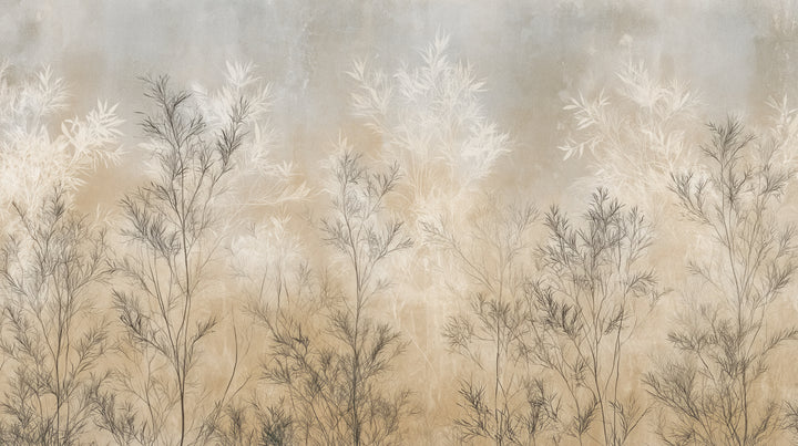 WILLOW SCREEN – the full design: a row of dark shrubs and pale cream shrubs on a background from grey to sandy ochre