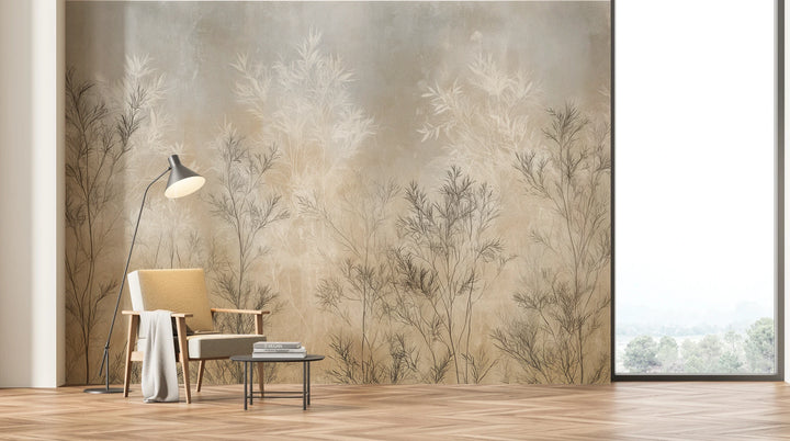 WILLOW SCREEN across the whole wall of a bright living room with a panoramic window; the shrubs rise high above an armchair and a floor lamp