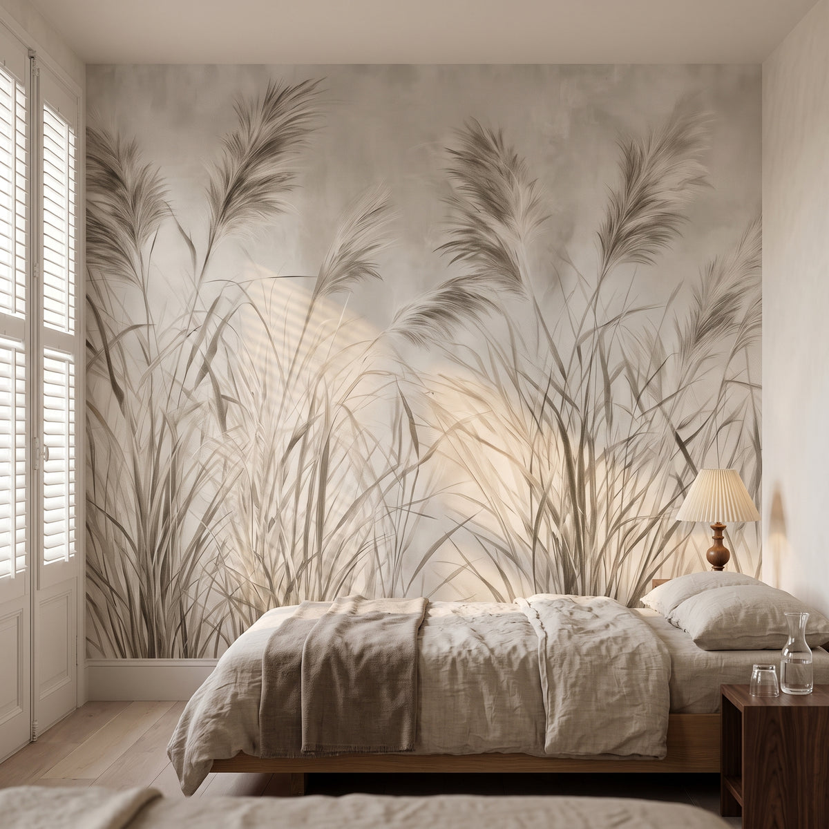 WIND ETCHING in a bedroom setting in a Basque villa in Biarritz, with a low bed and a bedside table in front of the wall
