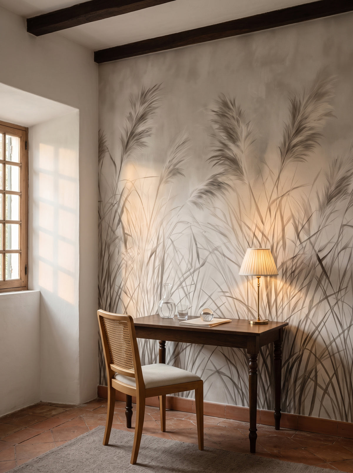 WIND ETCHING in a study setting in a former quinta in Sintra, with an oak desk and a cane chair in front of the wall