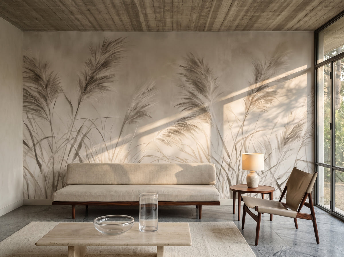 WIND ETCHING in a living room setting in a modernist house in Carrasco, with a low sofa and an armchair in front of the wall