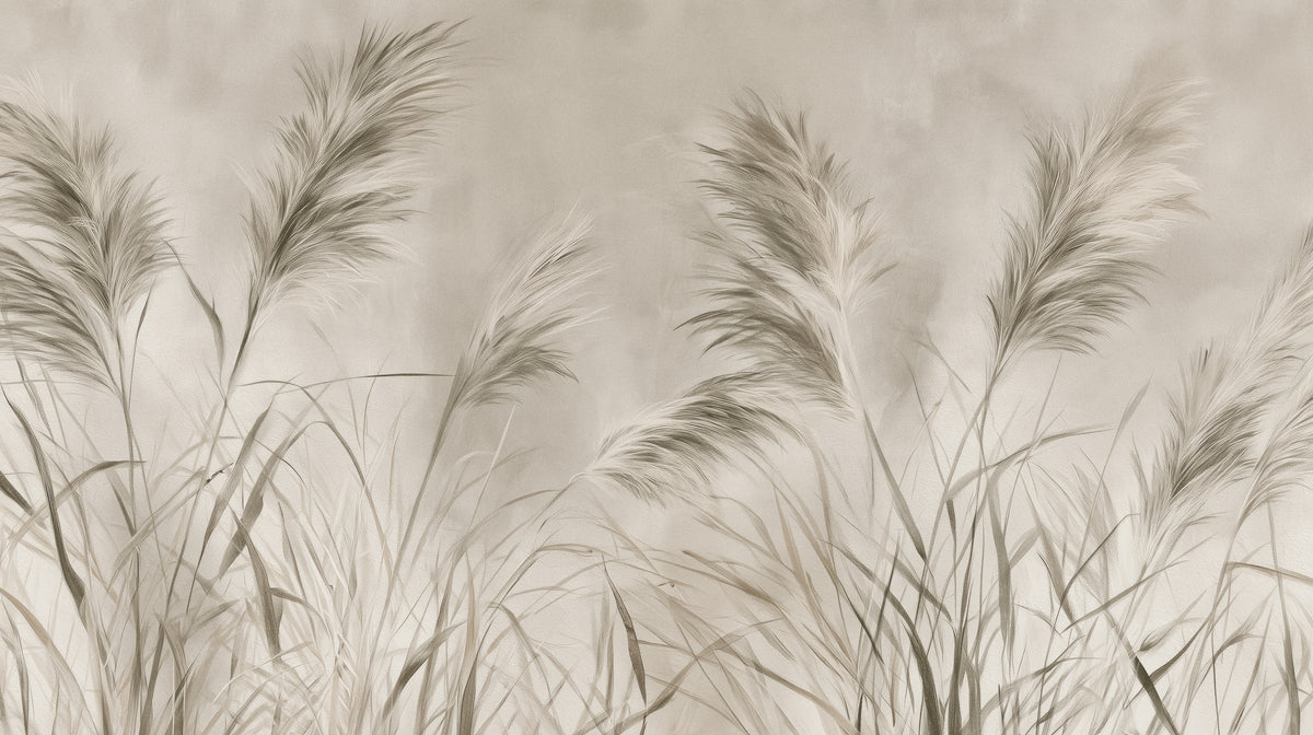 Pattern preview: WIND ETCHING – full design: pampas grass plumes drawn with a fine line on a light greige background