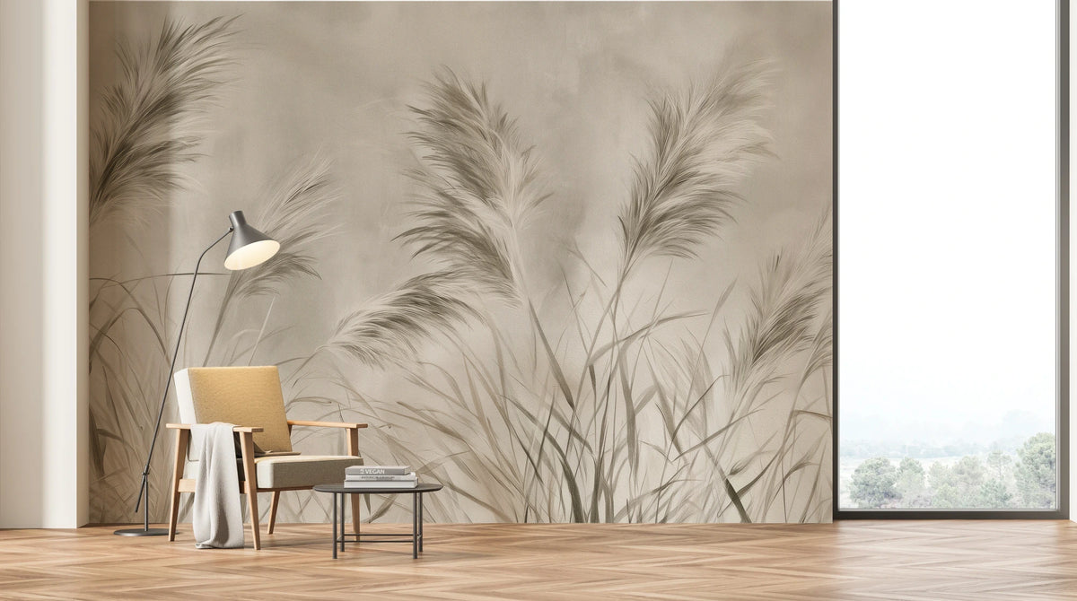 WIND ETCHING across the whole wall of a bright living room – the plumes reach high above an armchair and a floor lamp