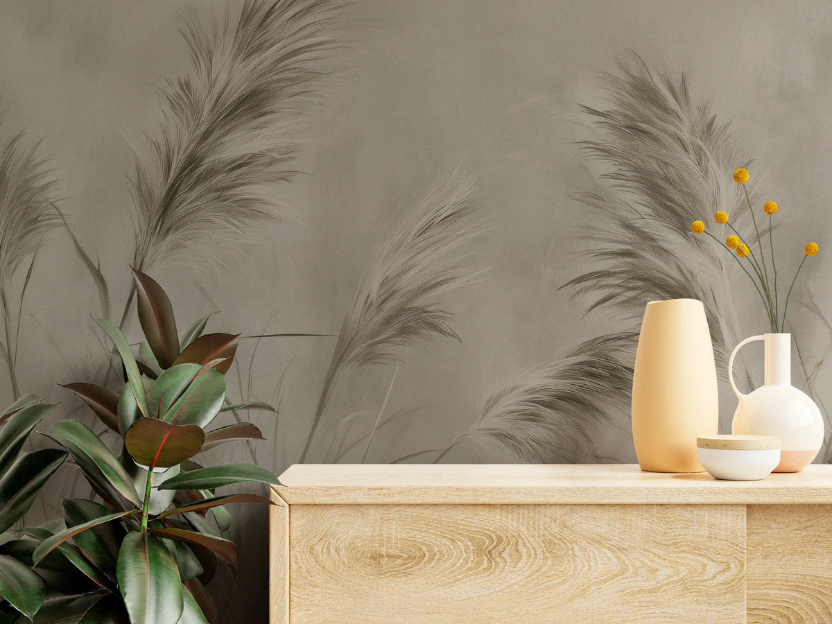 WIND ETCHING up close – fine linework of the plumes above a light wooden chest of drawers with vases