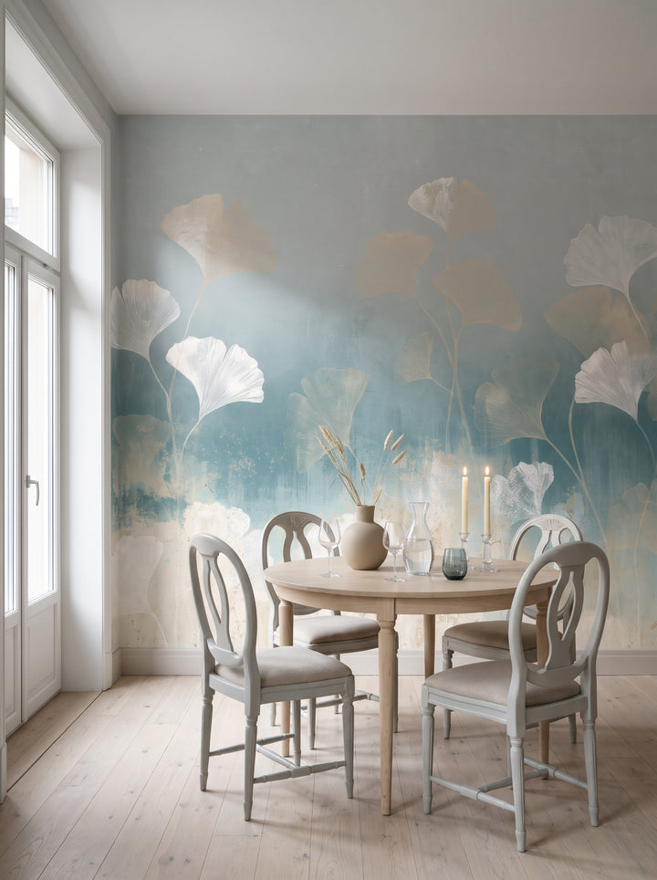 WINDBLOWN GINKGO en una ambientación de comedor en un piso de Estocolmo, con una mesa redonda de abedul y sillas gris claro delante