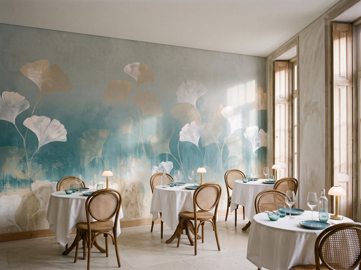 WINDBLOWN GINKGO w aranżacji restauracji rybnej w Porto, przed ścianą stoliki z białymi obrusami i krzesła z giętego drewna