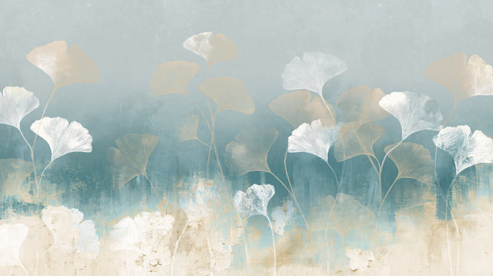 WINDBLOWN GINKGO – motif entier : feuilles de ginkgo sur des tiges courbées, penchées comme dans le vent, bande bleu océan et bas crème