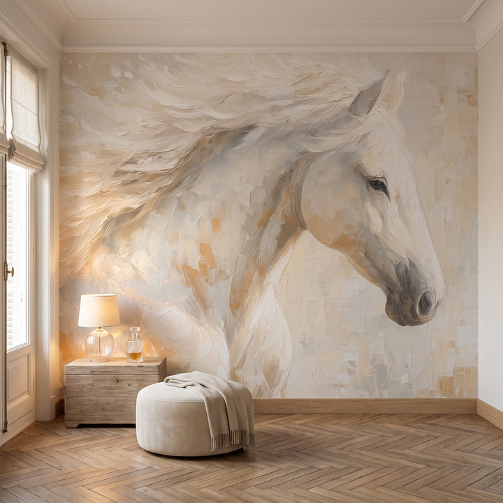 WINDSWEPT MANE en una ambientación de vestidor: puf crema y cómoda baja con lámpara a la izquierda, cabeza entera del caballo a la derecha