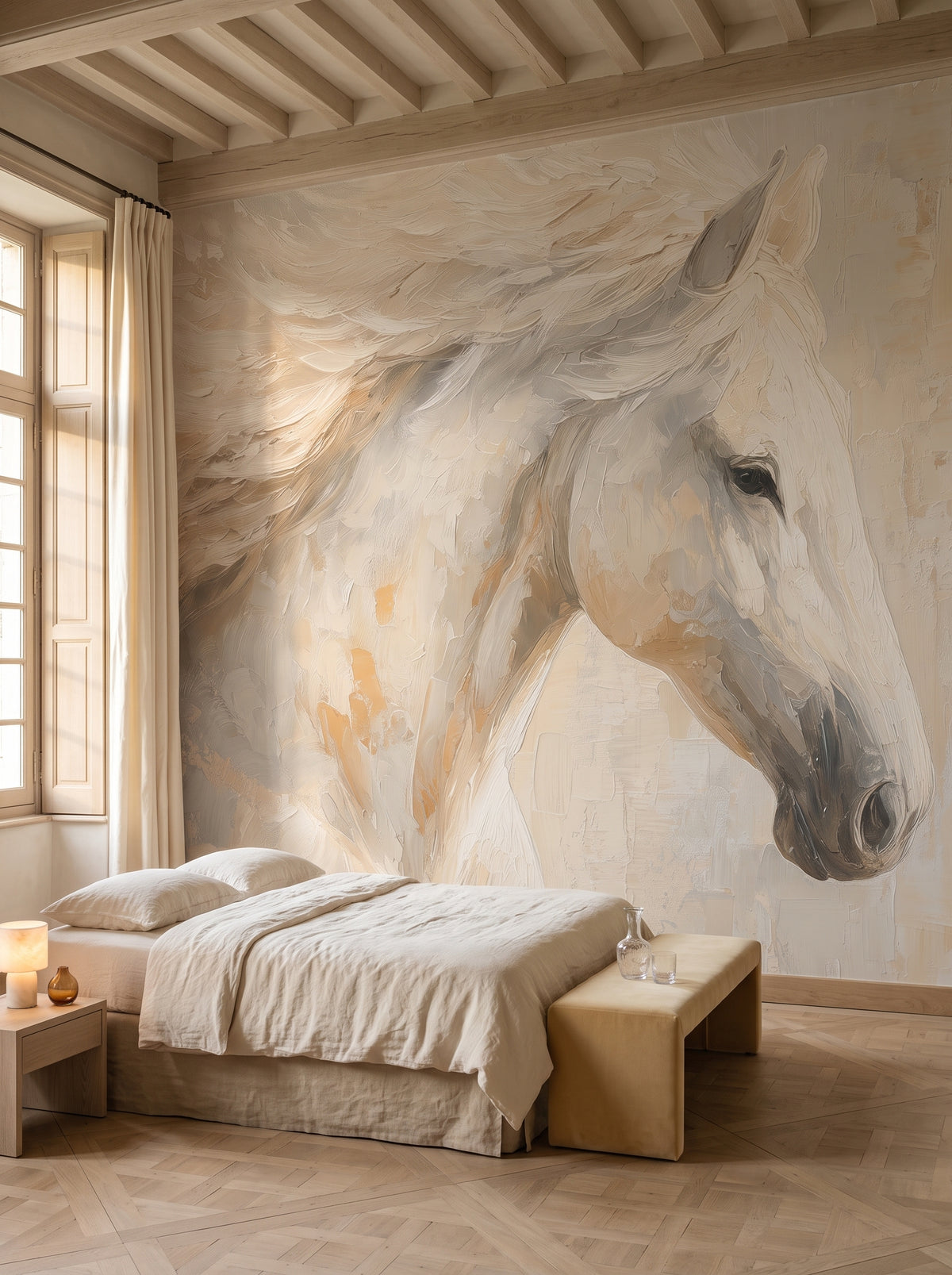 WINDSWEPT MANE en una ambientación de dormitorio junto al Loira: cama baja y banco bajo la crin a la izquierda, cabeza del caballo blanco despejada