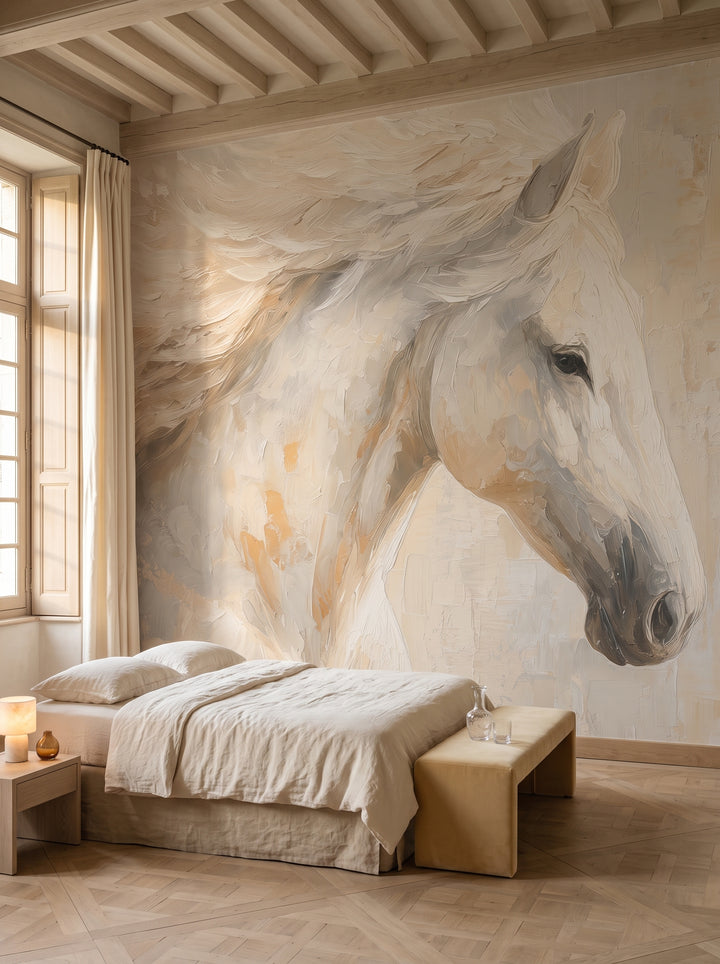 WINDSWEPT MANE en una ambientación de dormitorio junto al Loira: cama baja y banco bajo la crin a la izquierda, cabeza del caballo blanco despejada