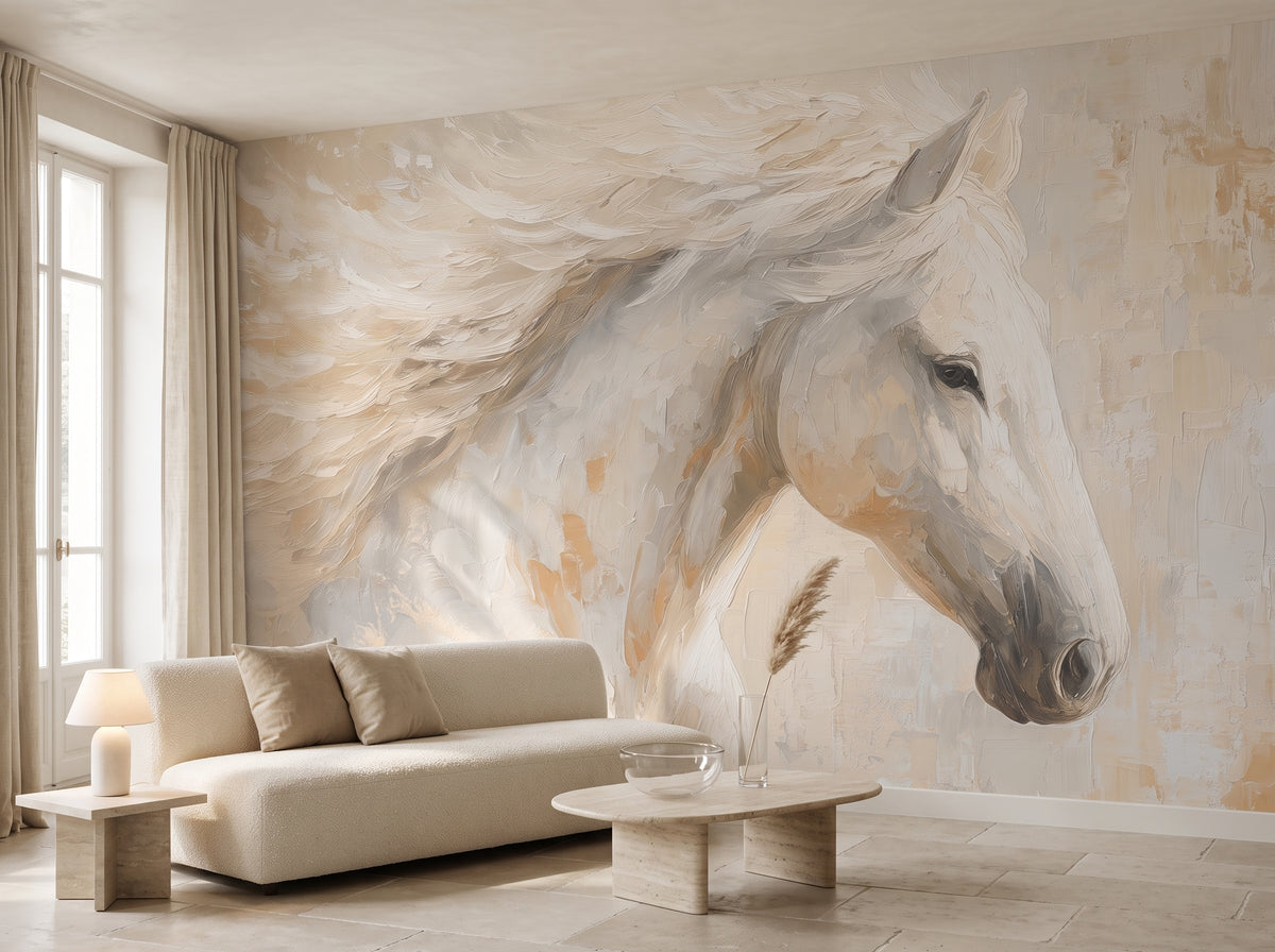 WINDSWEPT MANE en una ambientación de salón junto al lago de Como: sofá claro bajo la crin, mesa de travertino bajo el cuello y perfil del caballo a la derecha
