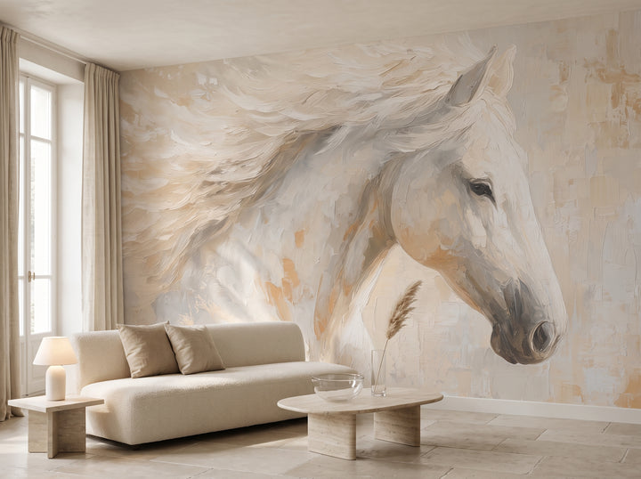 WINDSWEPT MANE en una ambientación de salón junto al lago de Como: sofá claro bajo la crin, mesa de travertino bajo el cuello y perfil del caballo a la derecha