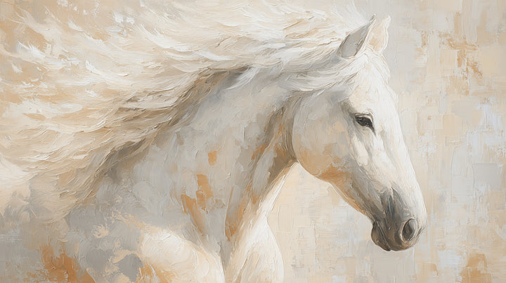 WINDSWEPT MANE – diseño completo: caballo blanco de perfil vuelto a la derecha, crin cremosa al viento hacia la izquierda, fondo en crema y ocre
