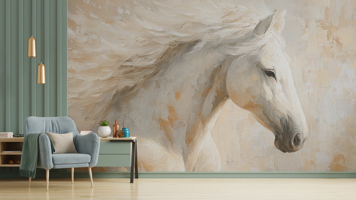 WINDSWEPT MANE, pared de salón: la crin recorre media pared hasta la cabeza del caballo, a la derecha; a la izquierda, panel verde y sillón celeste