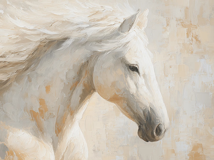 WINDSWEPT MANE de cerca: perfil de un caballo blanco de ollares grises, ojo entornado y mechones de crin en blanco grueso